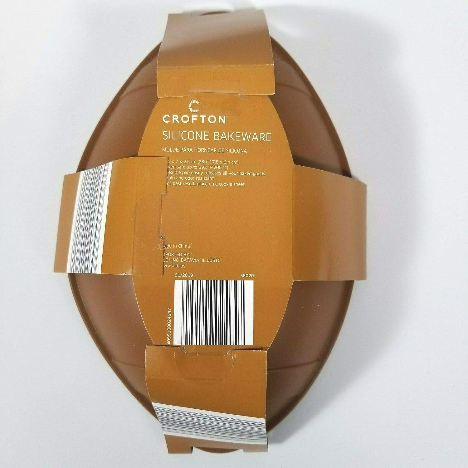 Back of CROFTON Silicone Football Bakeware packaging showing instructions