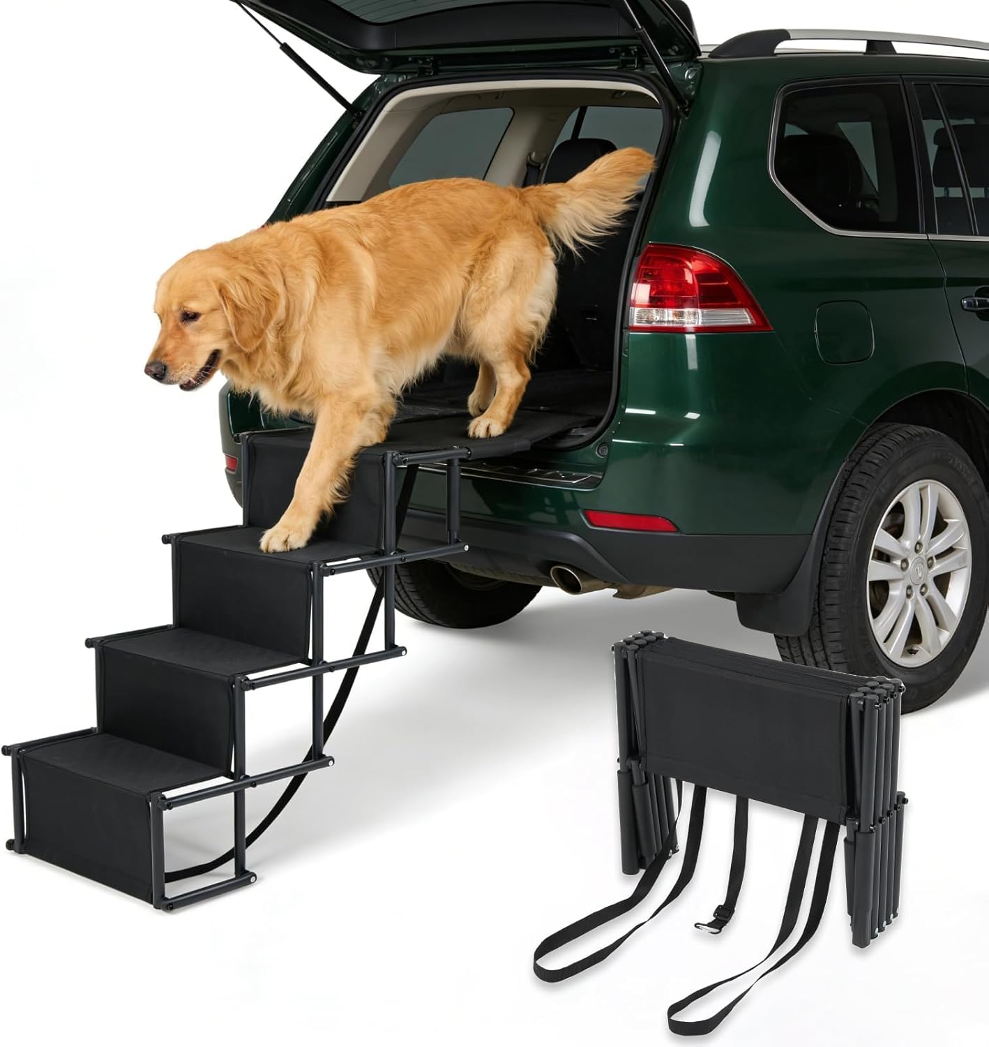 Extra Wide 4 Steps Dog Vehicle Ramps | Portable Non-Slip Pet Stairs for Cars, Trucks & SUVs | Folding Dog Ladder for High Beds | Supports Up to 200 Lbs