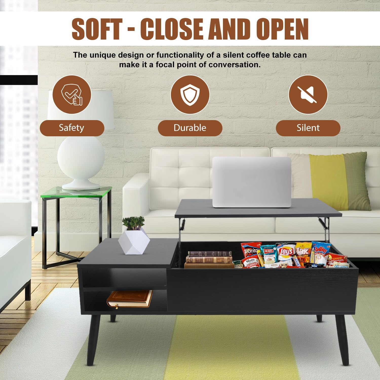 NChanmar Coffee Table for Living Room, Lift Top Coffee Table with Adjustable Storage and Hidden Compartment, Wood Center Table, Living Room Furniture for Home, Office-Black