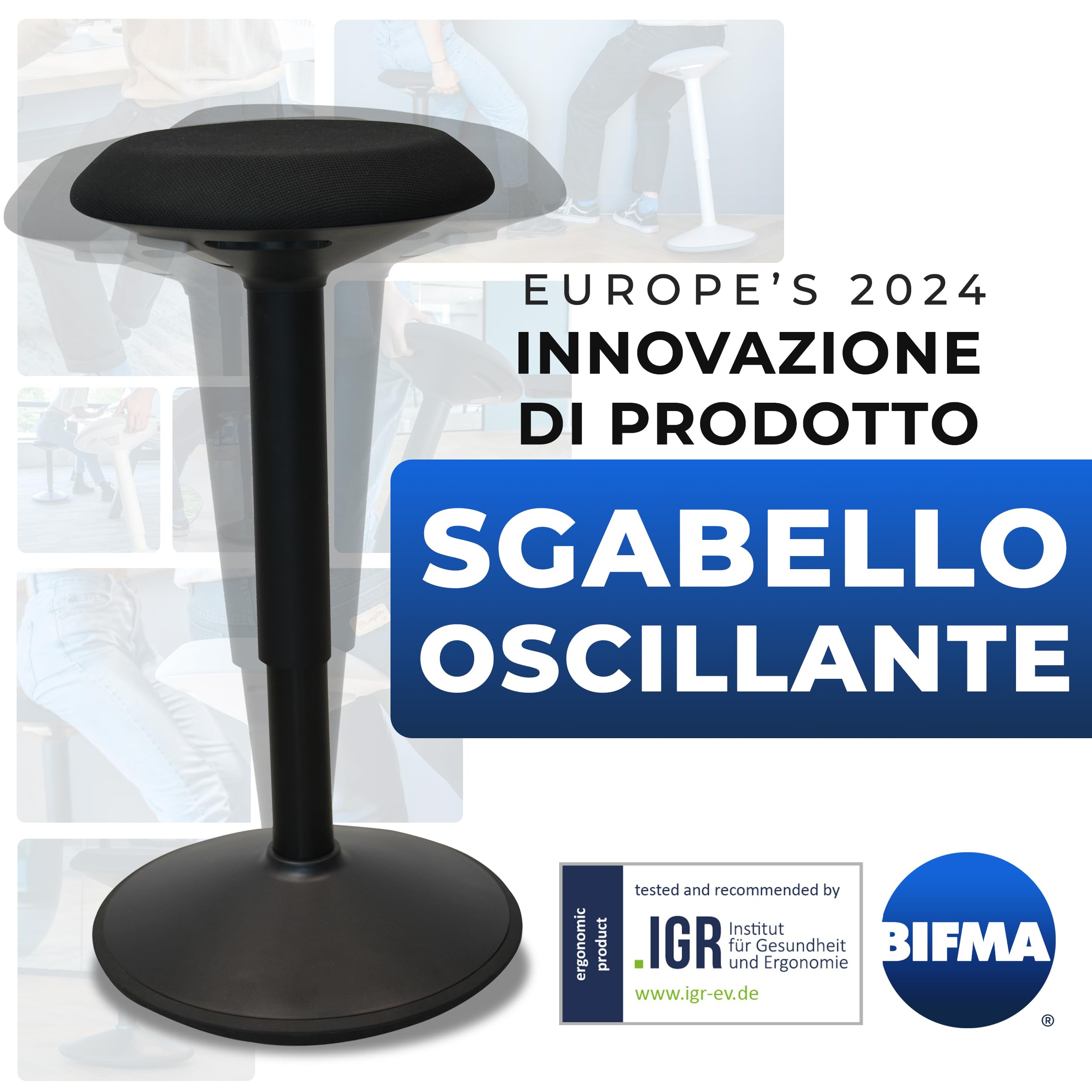 Backerz Sgabello Ergonomico - Sgabello Girevole da 55 a 80 cm con effetto dondolo - Sedia da Ufficio per Casa, Ufficio, Studio - Cuscino a Schiuma, Esterno in Lino Impermeabile - Bianco Opaco