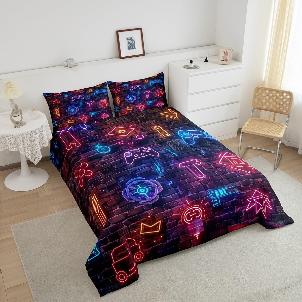 Feelyou Gamer Gaming Bedding Set Twin Size Fluorescent Gamepad Comforter Set for Kids Adult Boys Girls Entertainment Duvet Set Blue Purple Pink Quilt Set 2Pcs