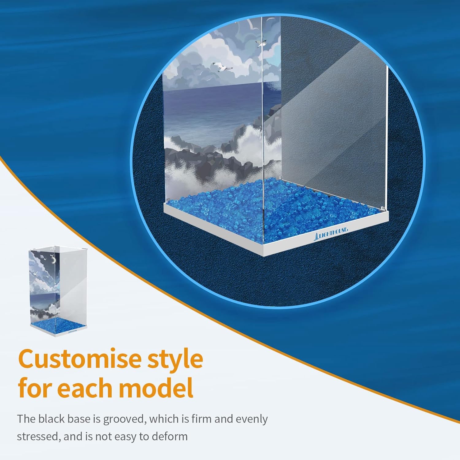 Acrylic Display Case for ( Lego Motorized Lighthouse 21335 ) Building Block Model, Customized Decorative Clear Storage Box, Acrylic Plate with Base & Painted Background