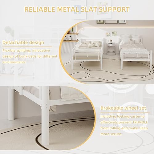 Miniatura 13 de GNIXUU Literas de tamaño individual sobre matrimonial, marco de literas bajas de metal resistente con barandilla de seguridad y escalera para