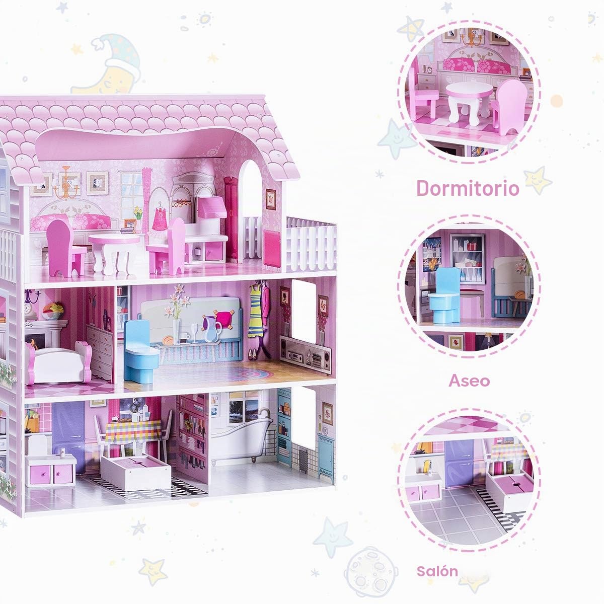 GOPLUS Casa de muñecas con Muebles y Accesorios, casa de muñecas con 3 Niveles de Juego con Accesorios, casa de Princesa, casa de Juegos con Sala de Estar, Dormitorio o baño