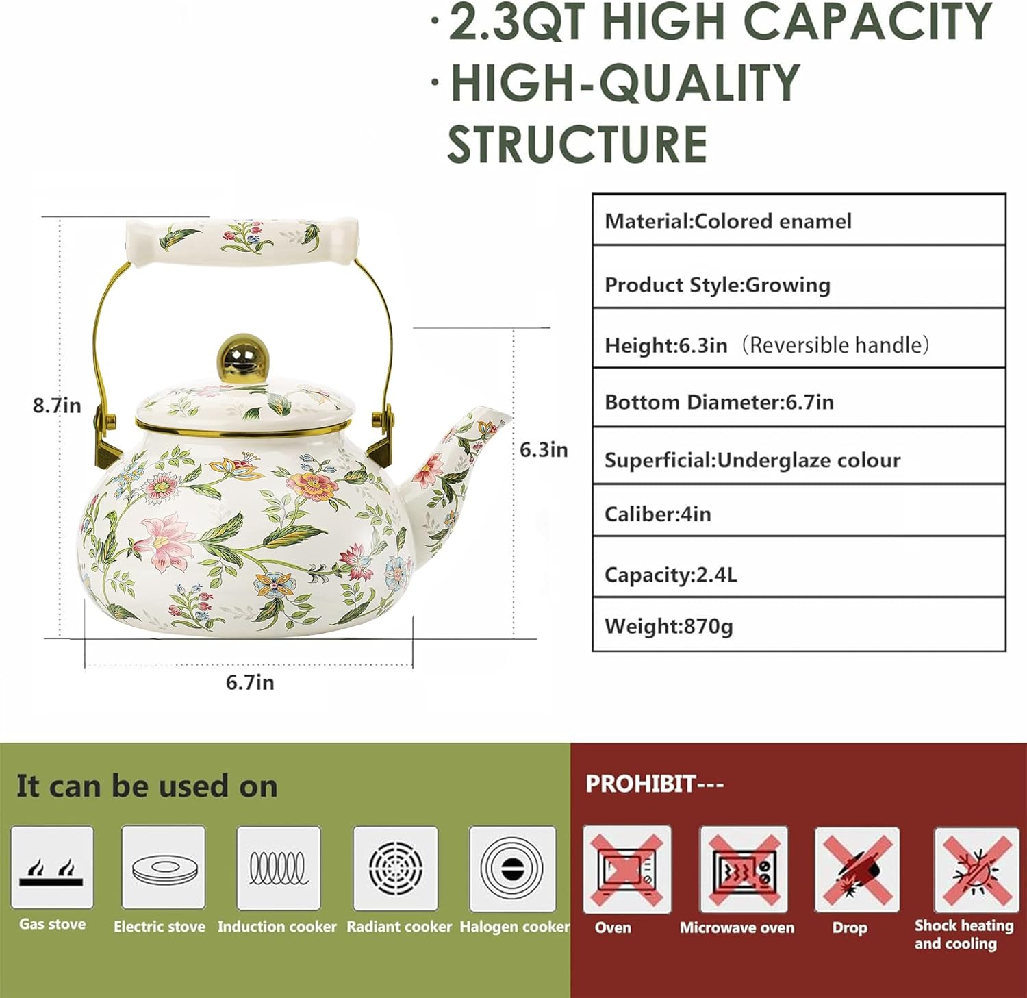 2.6 Quart Enamel Teapot floral,Large Porcelain Enameled Teakettle,Colorful Water Tea Kettle pot for Stovetop,Small Retro Classic Design (style02 Golden handle)