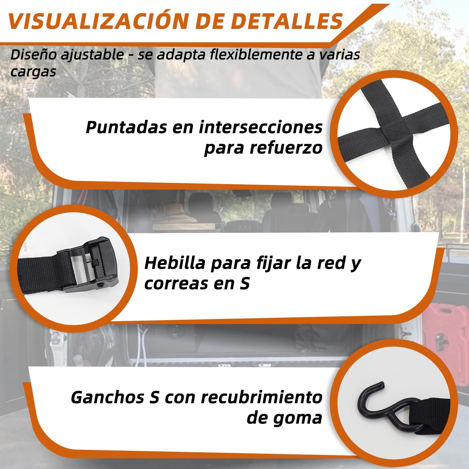 Red de carga con 4 correas ajustables para asegurar la carga en remolques de camionetas. Apto para furgonetas, Ducato, Boxer, Jumper, Opel Movano, Ford Transit, Mercedes-Benz