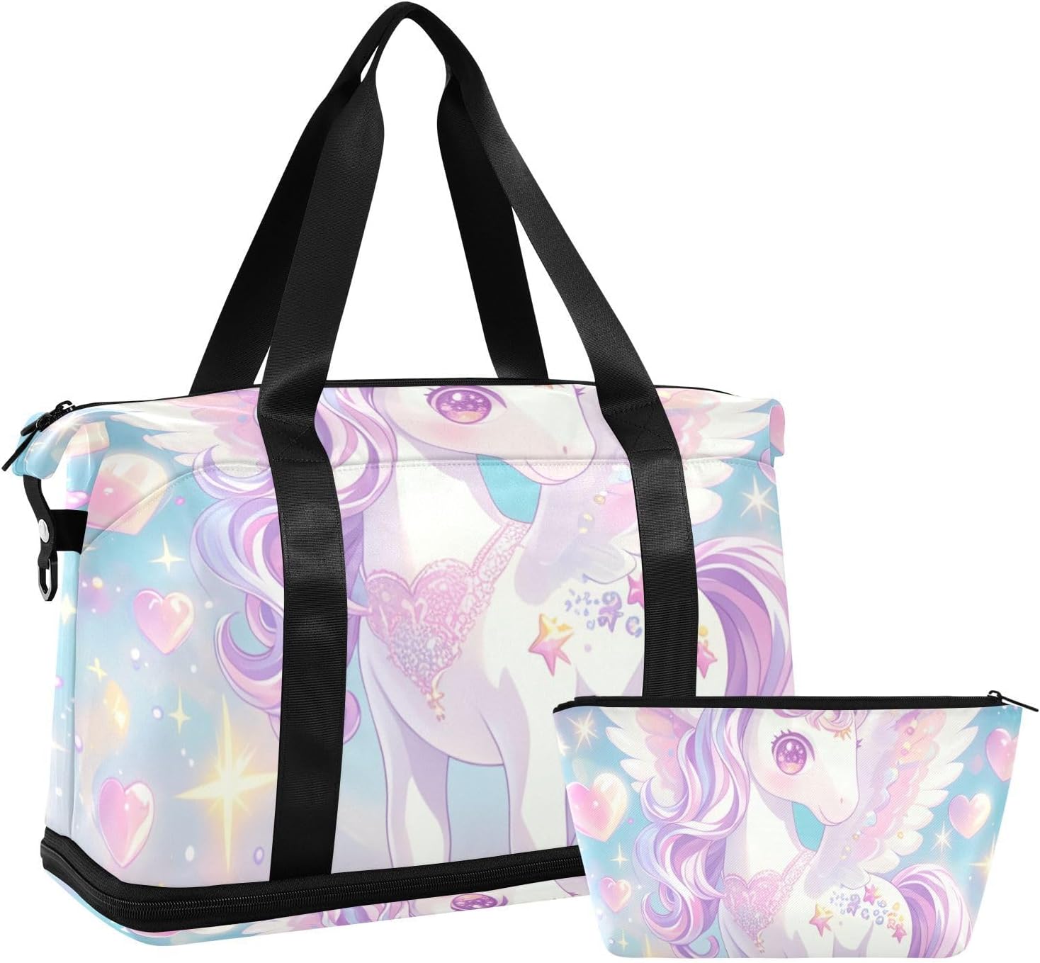 Cute Cartoon unicorns Glitter Hearts Gym Tote Bag Large Carry On Bag with Adjustable Strap for Yoga Multifunctional
