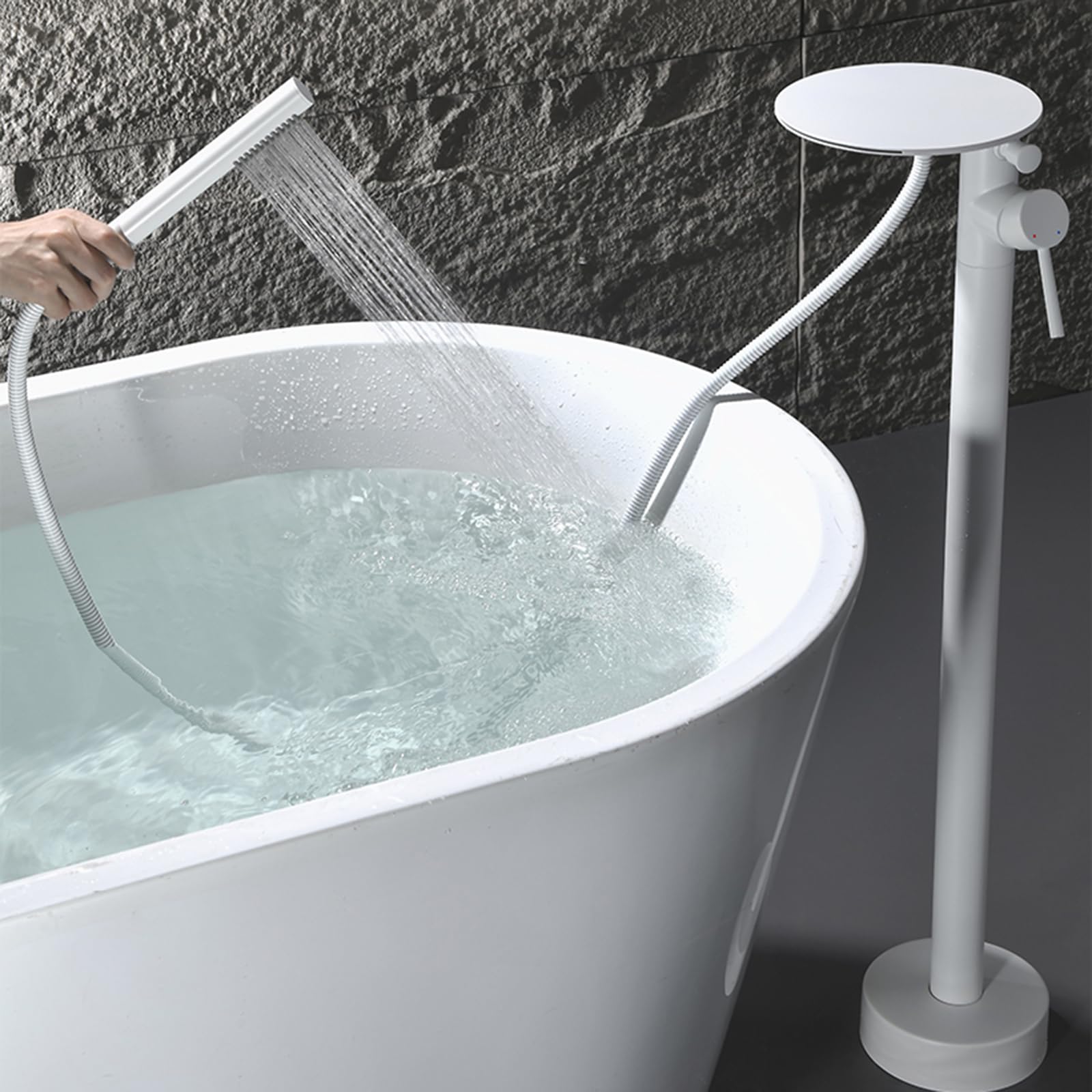 Robinet baignoire pied blanc cascade douchette double jet laiton