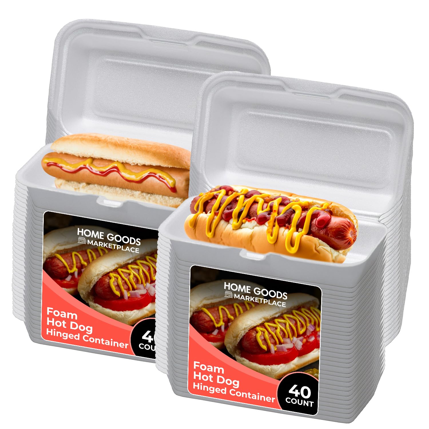HOME GOODS MARKETPLACE Foam Hinged Hot Dog Containers, 40 Count - Premium Disposable Takeout Boxes for Hot Dogs, Sandwiches, Burgers, and Picnics