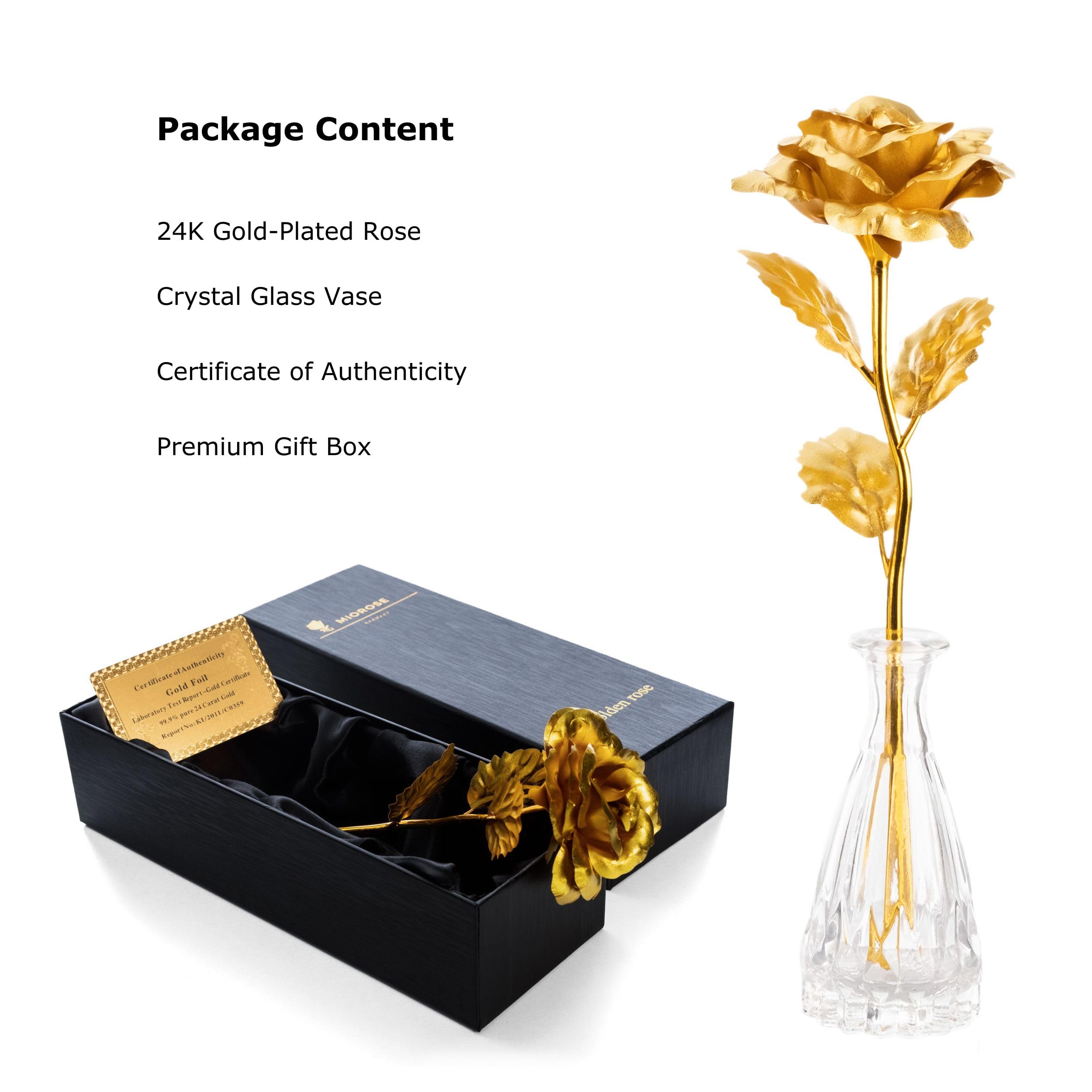 miomido Gold Dipped Rose Golden 24k Gold Forever Eternal Rose Genuine One of a Kind Eternity Rose (L: Black Box + Vase)