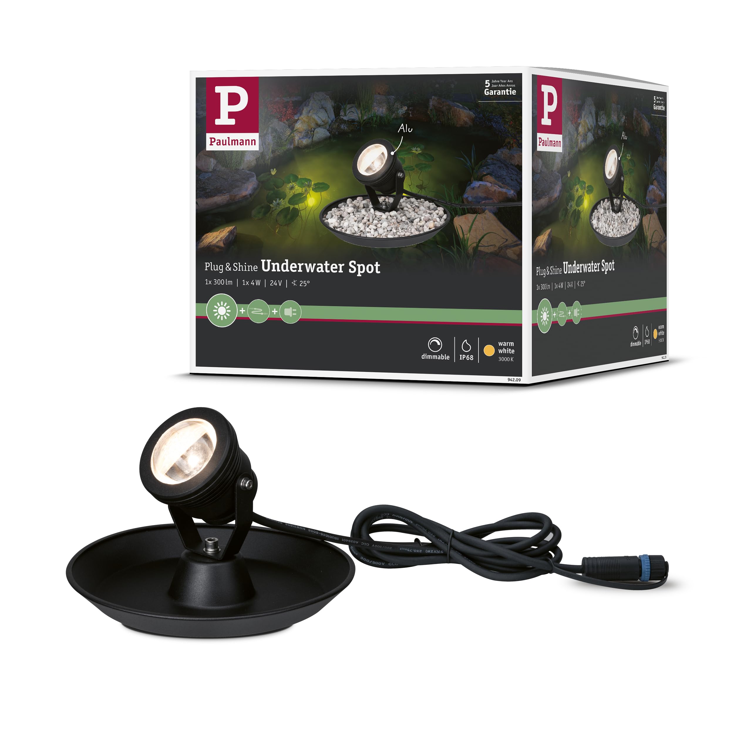 Paulmann 94209 Plug & Shine LED Außenleuchte Teichleuchte rund incl. 1x2,8 Watt IP68 dimmbar Außenbereich Schwarz Gartenleuchte Alu 3000 K
