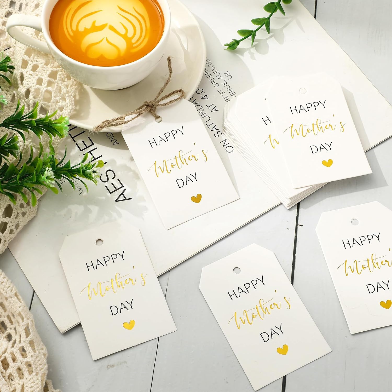 FYSUIMU 50Pcs Happy Mother's Day Paper Gift Tags with 65.6 Ft Hemp Rope Foil Gold Hanging Label Tags for Mom's Birthday DIY Crafts Party Favor Decor