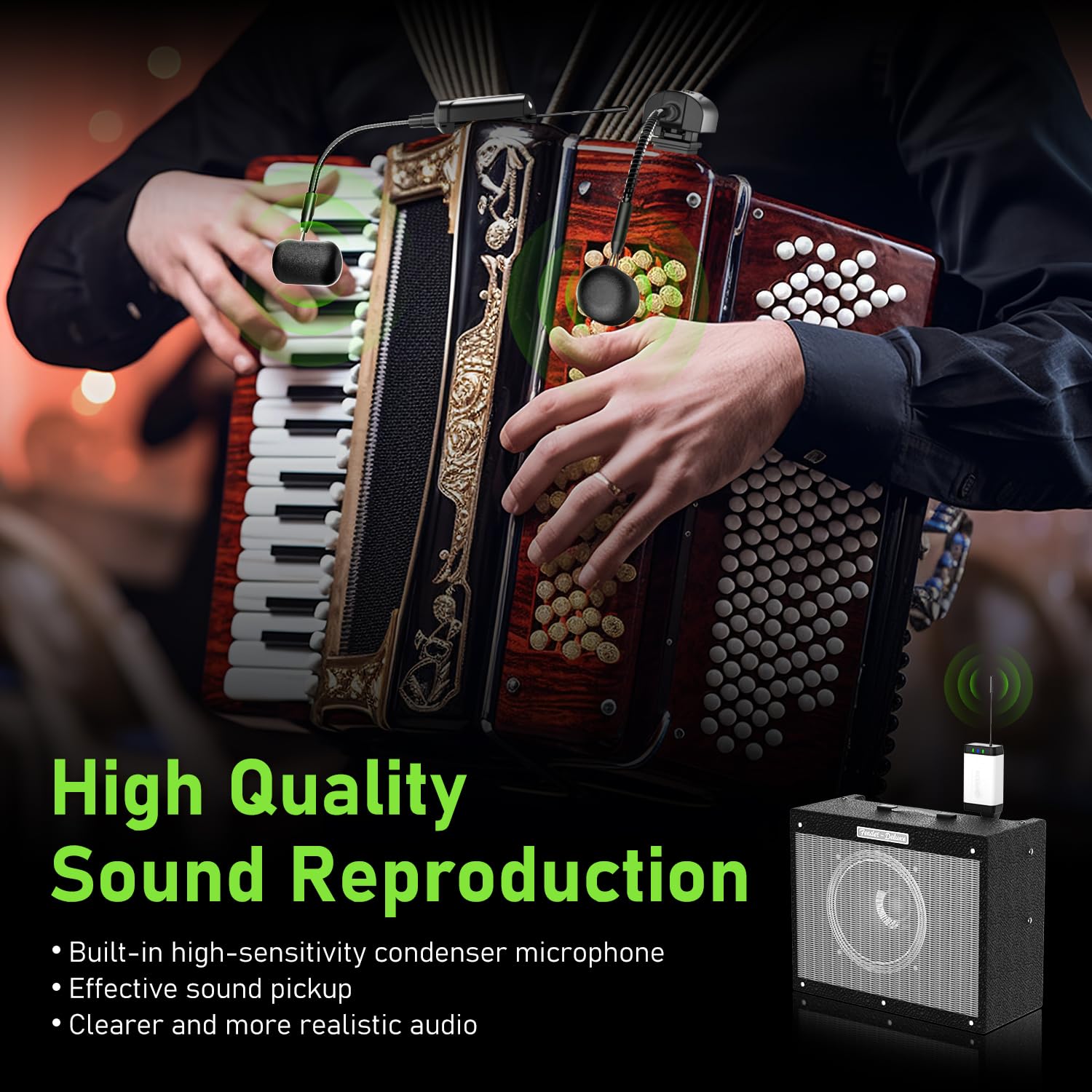 ACEMIC Dual UHF Accordion Wireless Microphone, Gooseneck Instrument Pick Up Mic with 2 Transmitters and 1 Receiver for Accordion, PA Systems, Audio Mixers, Speakers, Q2/at-5