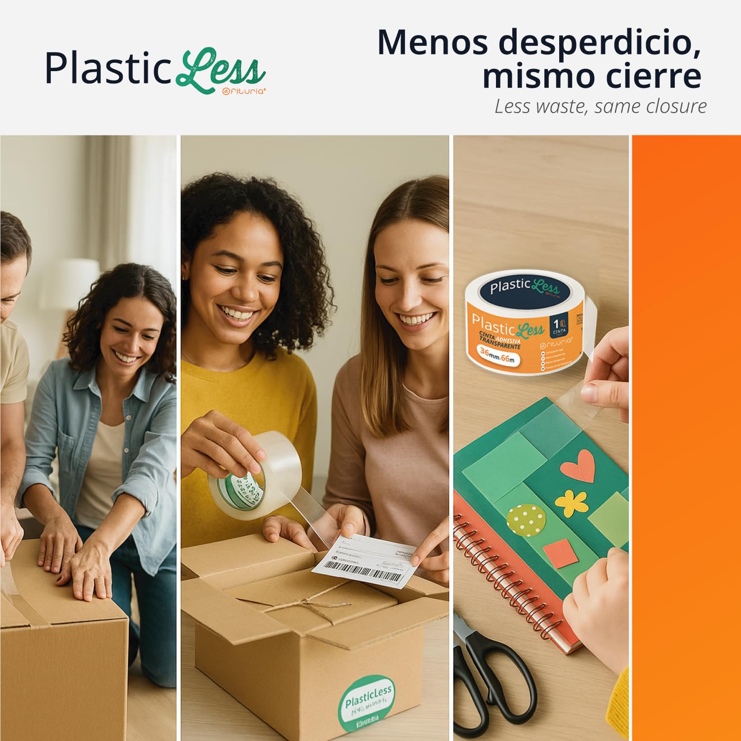 OFITURIA PlasticLess Precinto Transparente 36mm x 66m, Cinta de Embalar para Cajas, Envíos o Mudanzas, Alto Agarre, Cinta 36mm Utiliza un 25% Menos de Plástico vs 48mm (36 cintas)