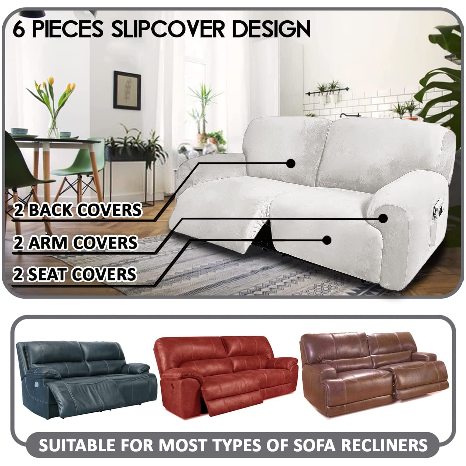 Fundas for sillas reclinables, Funda for sofá reclinable de 2 plazas Extra Ancha de 190-254 cm, 6 Piezas Fundas for sillas reclinables de Terciopelo elástico extraíbles(Avorio)