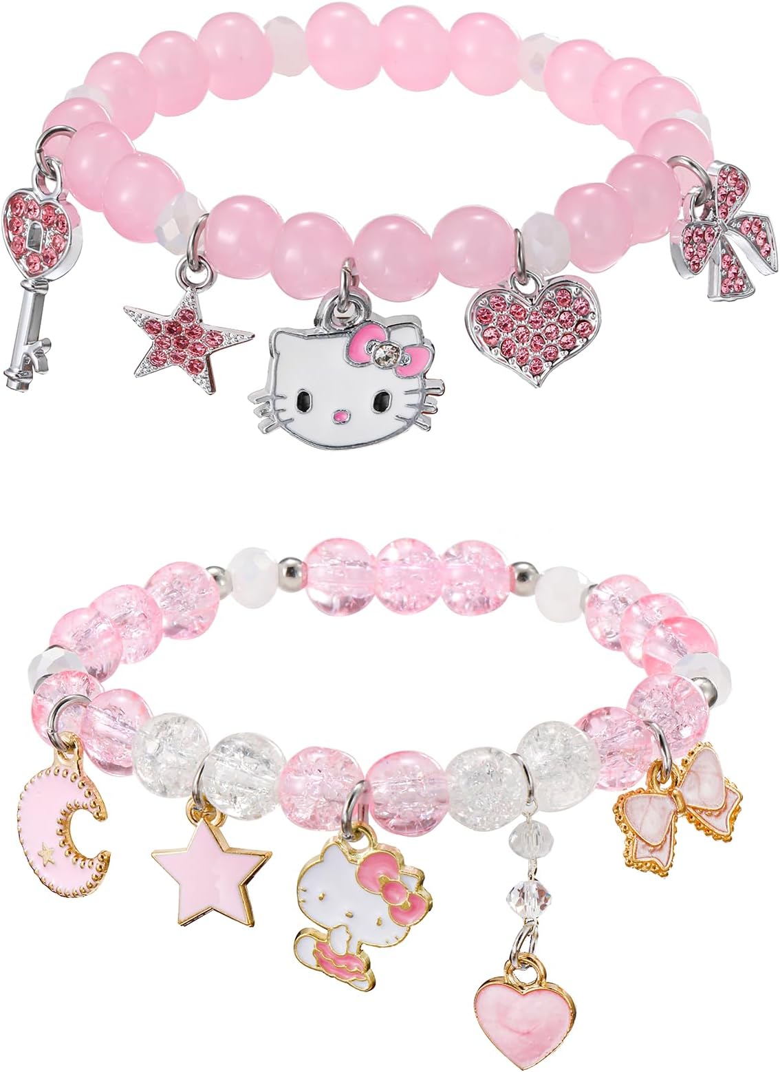 2PCS Kawaii Cute Bracelets Set Anime Y2k Bracelets Friendship Bracelets Heart-Bow-Pentagram-Crown Charm Bracelets Pink Crystal Bead Elastic Bracelets Birthday Christmas Jewelry Present