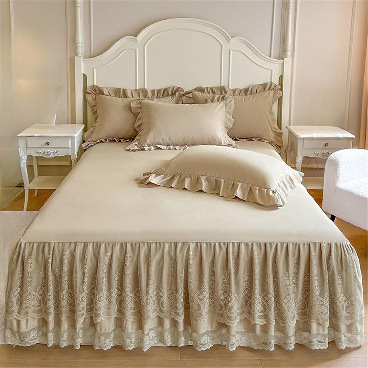 Vintage Summer Ruffled Bed Skirt with Sheet,Dust Ruffle Bedskirt with Two Lace Layers,17.7" Drop