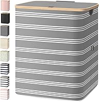 Vista 18 de BALEINE Cesta de lavandería con tapa, cestas altas para la ropa sucia con asas de bambú, contenedor grande para la ropa sucia con soporte interno