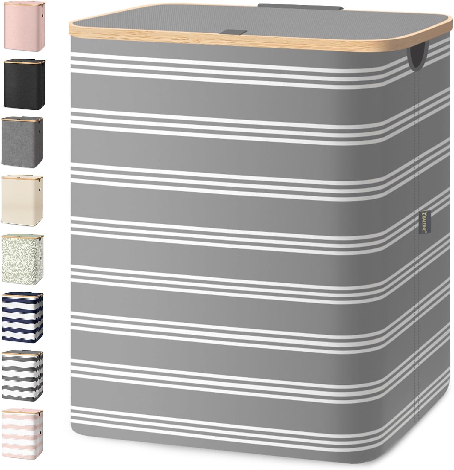 BALEINE Laundry Hamper with Lid, Tall Laundry Baskets with Bamboo Pull Handles, Large Laundry Bin with Internal Support (36 Gal/140L, Grey Pinstripe)