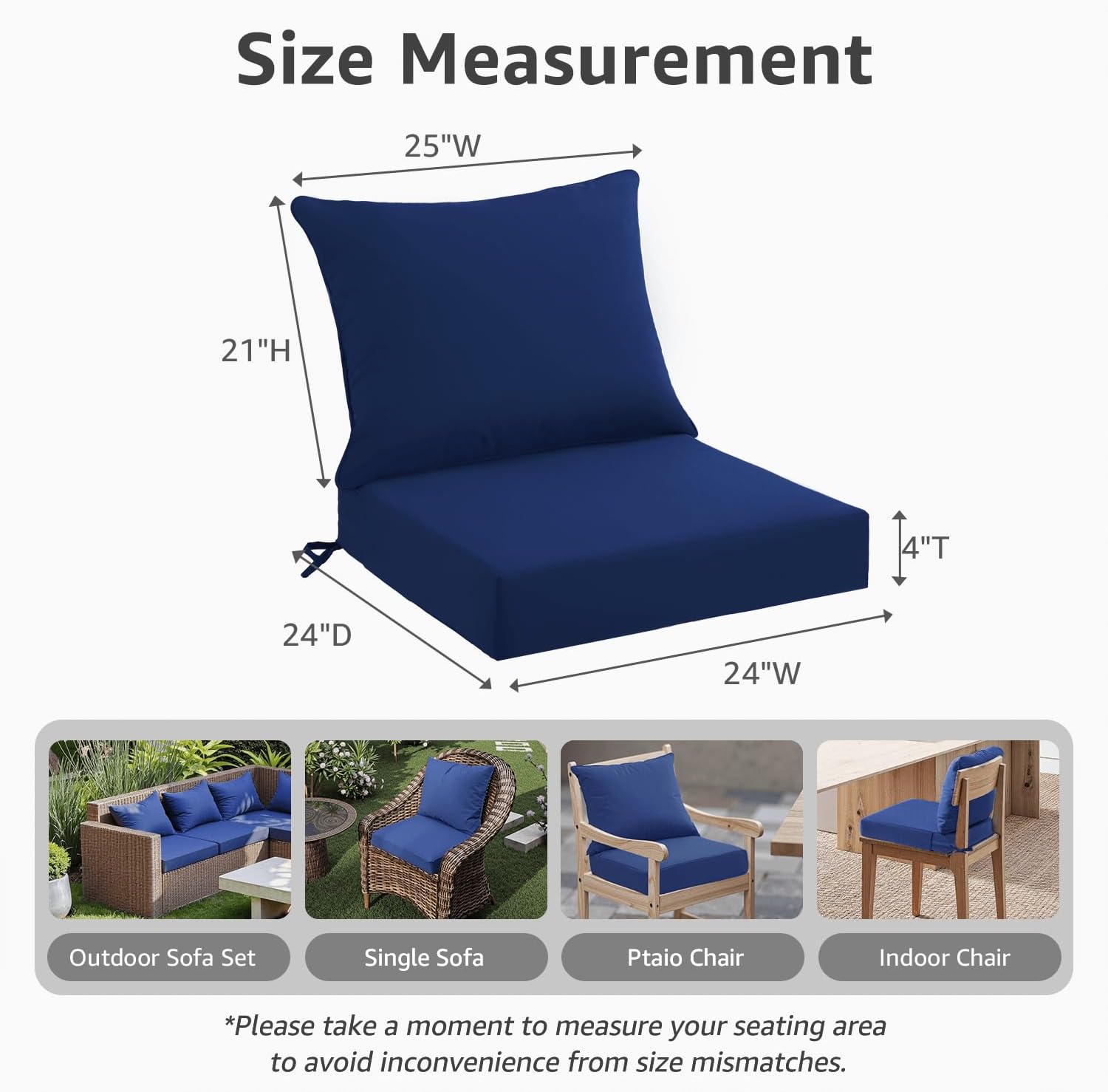 PatioGlow Outdoor Seat Cushion Set 24 x 24 x 4 Inch, Waterproof & Fade Resistant Patio Furniture Cushions with Removable Cover and Ties, Thick Deep Seating Pads for Outside Chair Sofa Couch, Blue