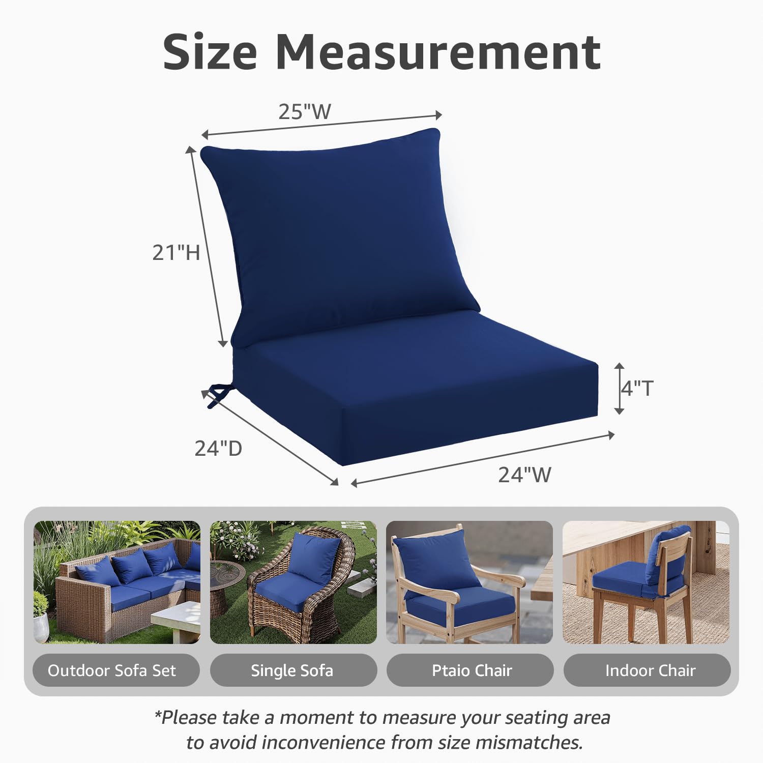 Outdoor Seat Cushion Set 24 x 24 x Inch, Waterproof Fade Resistant  Patio Furniture Cushions with Removable Cover and Ties, Thick Deep Seating  Pads