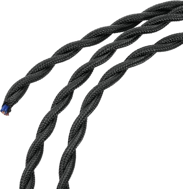 sourcing map Twisted Cloth Covered Wire 2 Core 18AWG 5 Meter/16.4 Feet, Vintage Woven Fabric Electrical Cable for Pendant Light DIY Project, Black