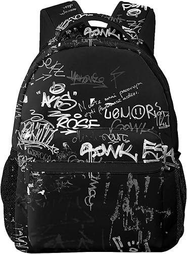 Mochila para adolescentes con estampado de graffiti hip-hop para niños y niñas, tamaño perfecto para estudiantes y mochilas de viaje, Negro -,