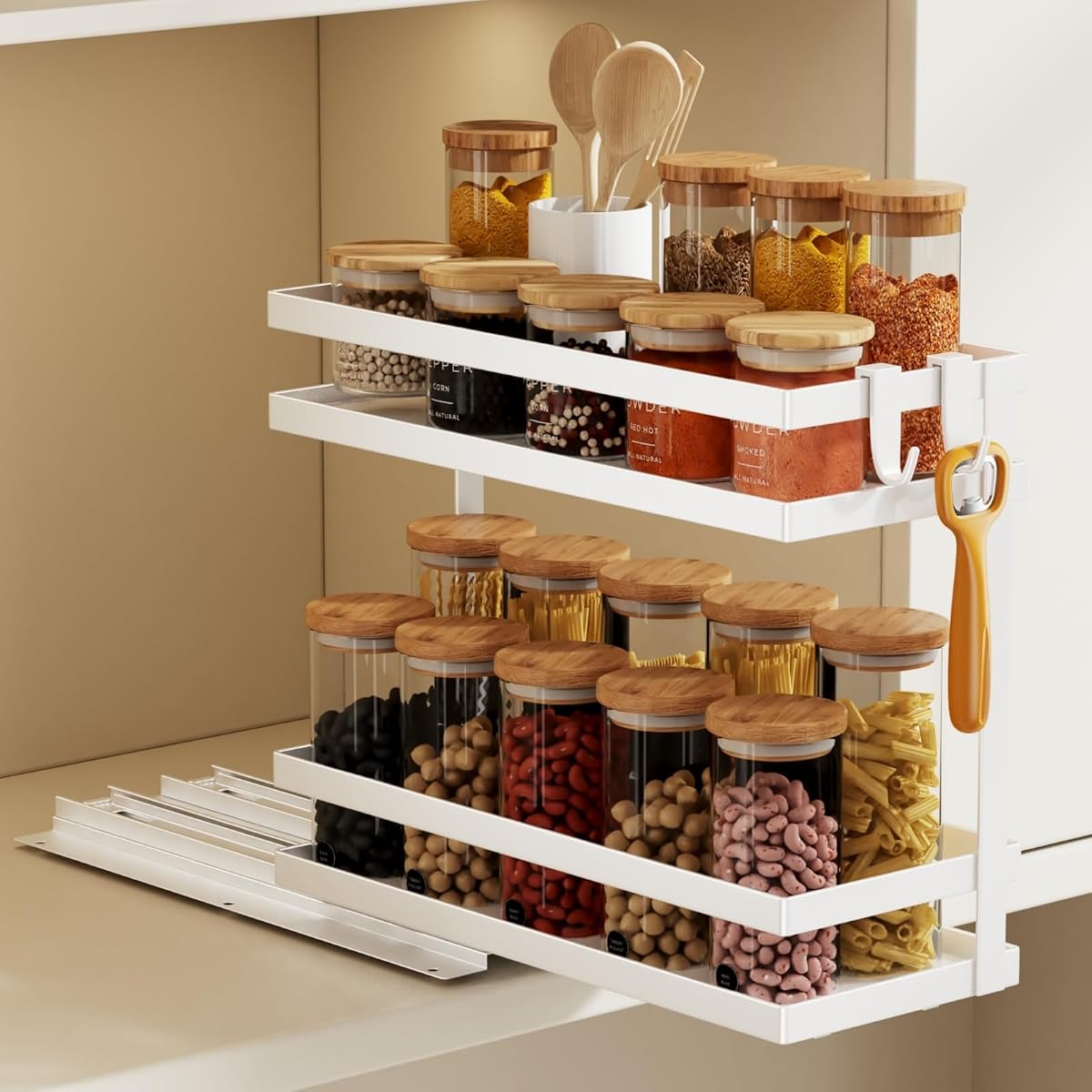 Magheo Organizador de especias extraíble para gabinete, 1 paquete de organizador de condimentos de metal, estante de almacenamiento de especias deslizable, sin montaje, estante vertical para especias extraíble para cocina y baño, sin taladro (2 niveles, blanco)