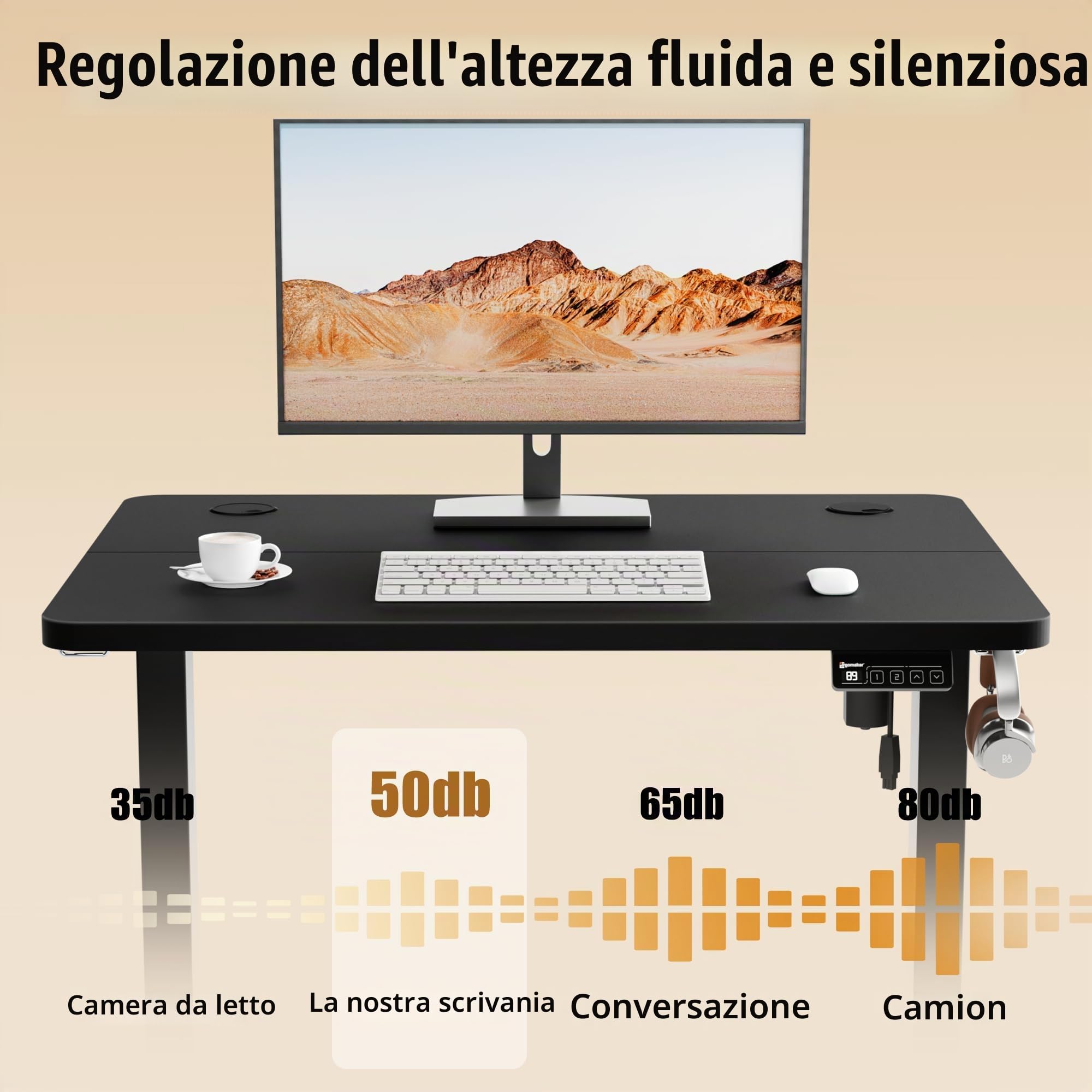 ERGOMAKER Scrivania elettrica regolabile in altezza, 80 × 60 cm, piccola scrivania con piano in 2 pezzi, scrivania regolabile in altezza per casa, ufficio, nero (telaio + tavolo)
