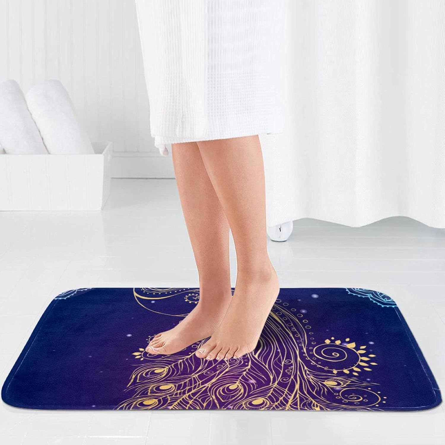 KXO Dark Blue Golden Peacock, Waterproof Shower Curtain and Mat Set Polyester Bathroom Curtain and Rug Set with Hooks 70.8"x70.8"