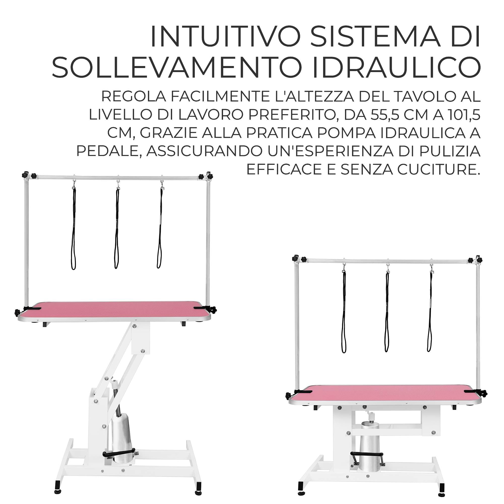 Tavolo Toelettatura Professionale Idraulico - Altezza Regolabile 55-101 cm Capacità 180 kg Piano in Gomma Rosa Antiscivolo Struttura in Acciaio Bianco 4 Piedini Livellanti 3 Guinzagli di Sicurezza