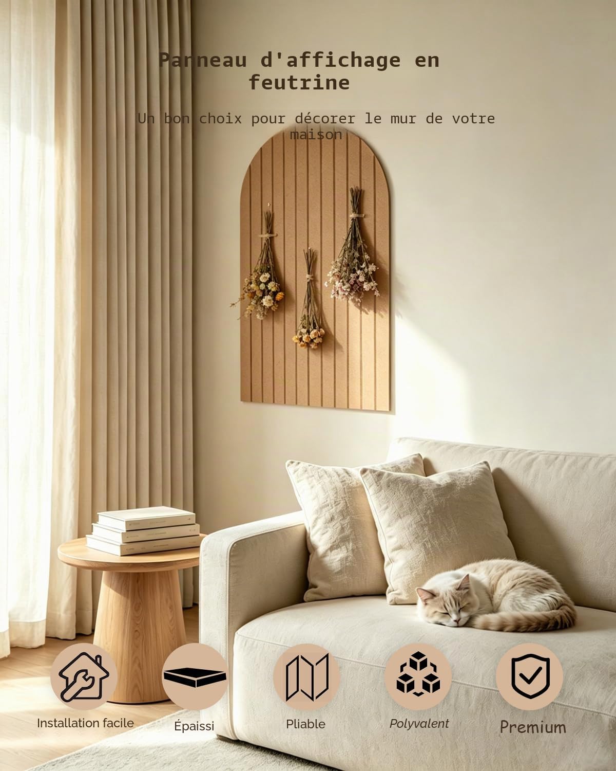 Tableau d'affichage pliable 60x40cm, feutre épais de 0,9 cm, grand tableau en liège avec autocollant, panneaux muraux décoratifs à lattes pour bureau, chambre, salon, Chambre d'enfant-beige
