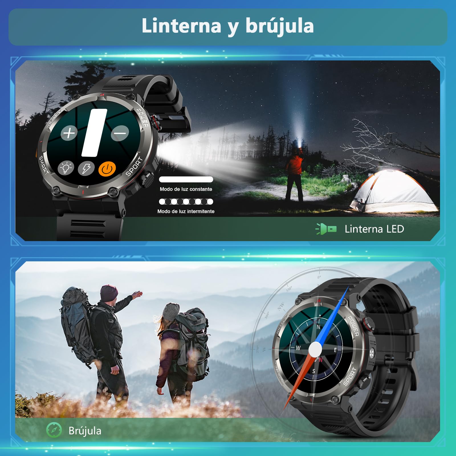 Reloj Inteligente Hombre, 1.45" Smartwatch Hombre con Linterna y Brújula, Smartwatch con Llamadas Bluetooth, Notificación, 120+ Modos Deportivos, IP68 Impermeable Reloj Inteligente para Android iOS