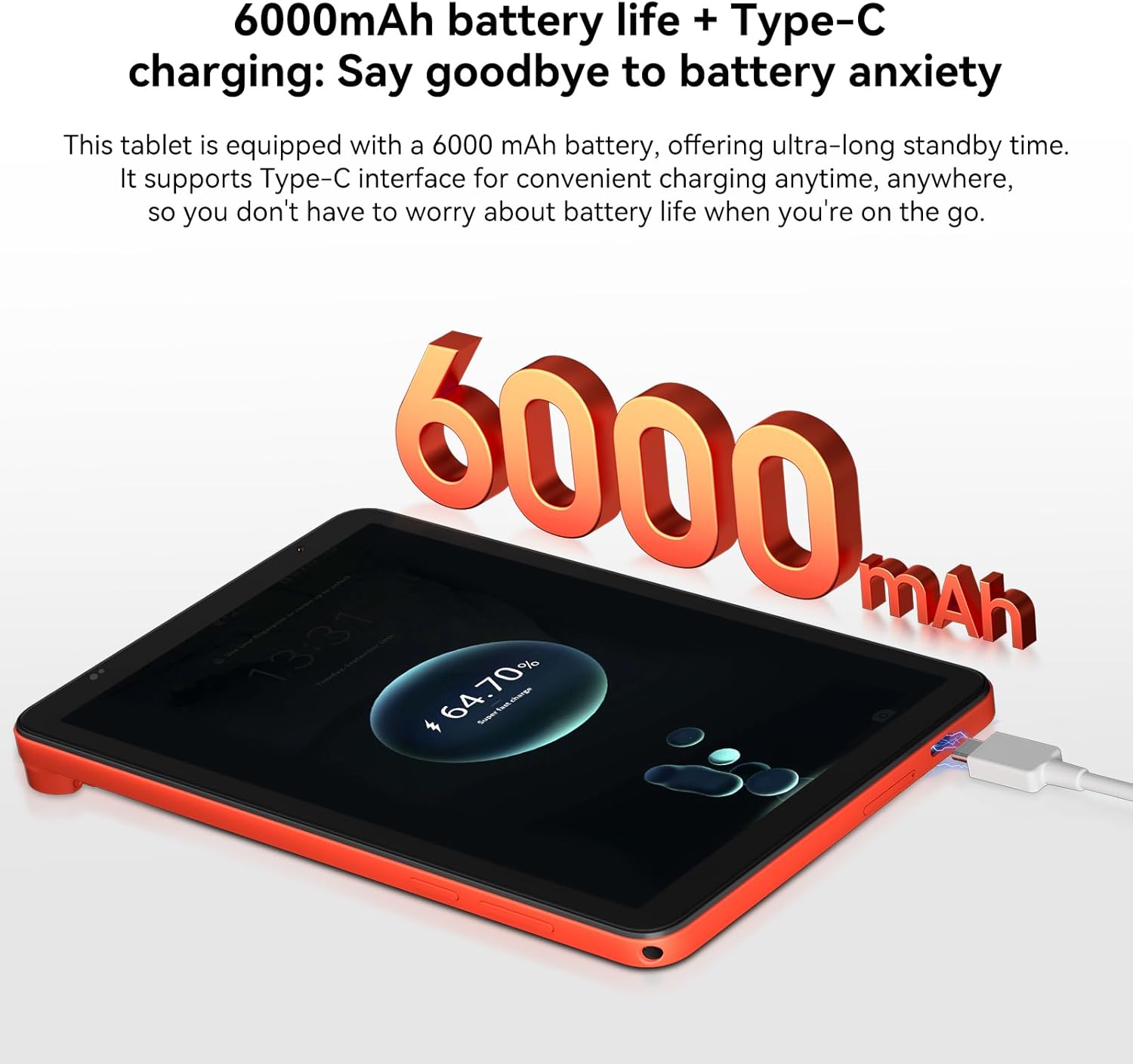 تورview ZENO 1 tablet charging, with a large '6000mAh' graphic, indicating its battery capacity and Type-C charging.