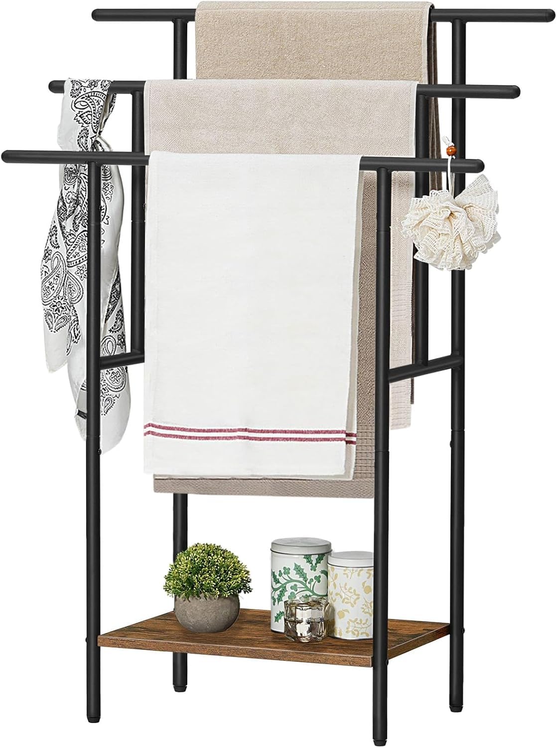 HOOBRO Freestanding Towel Rail, 68L x 30W x 100H Towel Rack for Bathroom, 3 Tier Stepped Towel Stand with Shelf, Oversized Bath Towels Drying and Display Rack, Black and Rustic Brown EBF50LB01