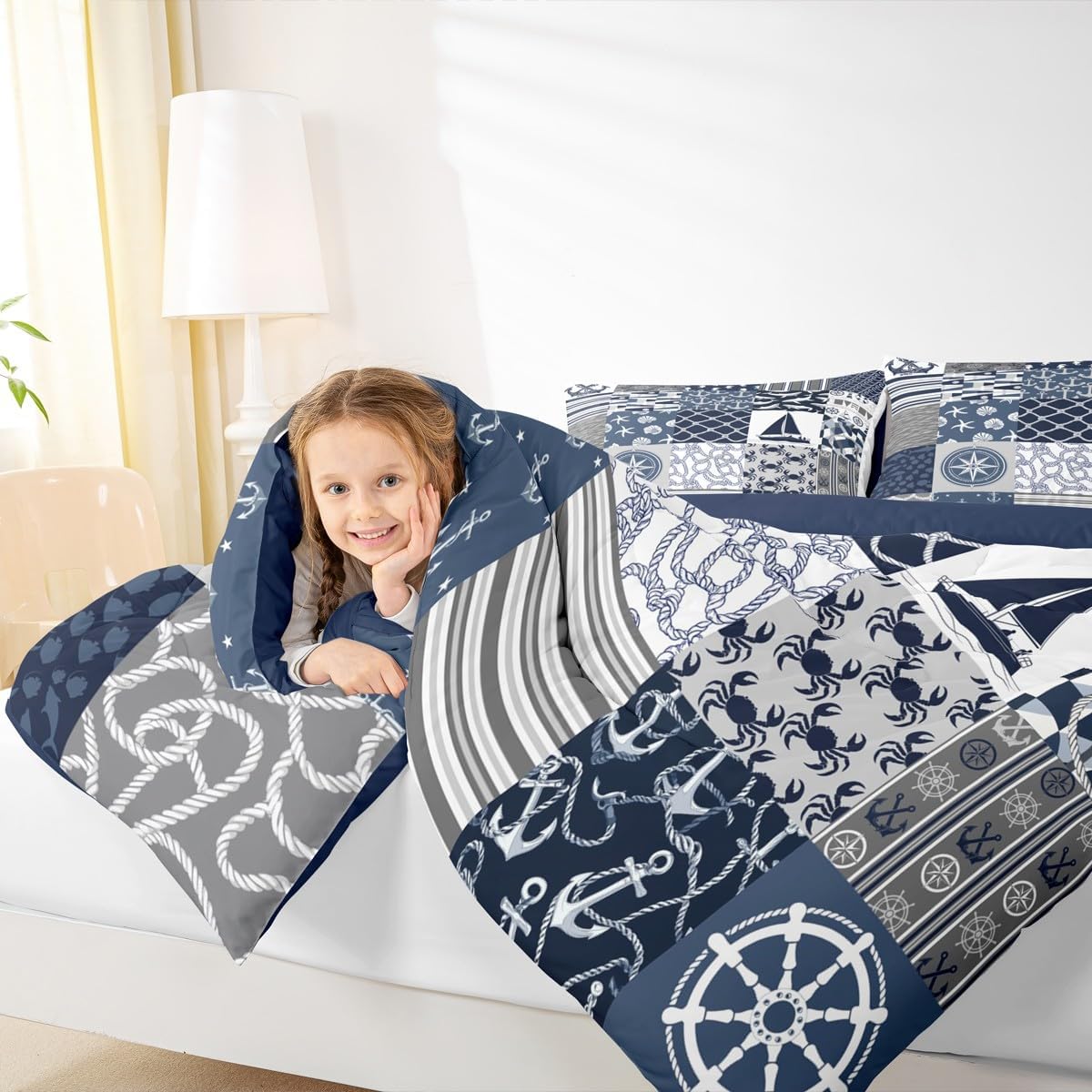 Castle Fairy Nautical Themed Checkered Bedding Comforter Twin Size Ocean Adventure Comforter Set for Kids Boys Teens,Navy Blue Rudder and Boat Anchor Quilted Duvet Patchwork Stripes Duvet Insert 2pcs
