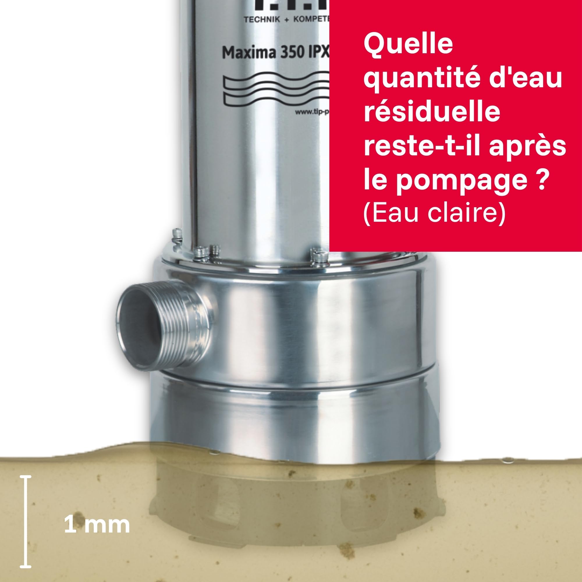 T.I.P. Maxima 350 IPX Pompe Submersible pour Eaux Usées en Acier Inoxidable avec Pied Extensible et Poignée Débit 20000 l/h Hauteur de Refoulement 8 m Puissance nominale 800 Watts Couleur Argent
