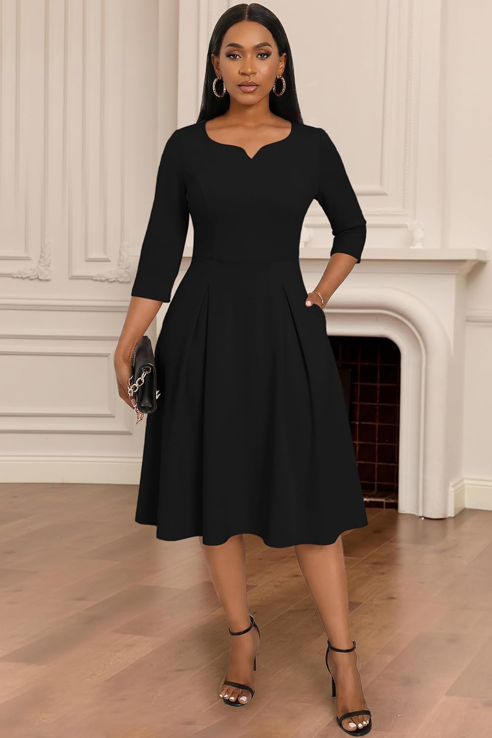 Nmoder Casual Dresses for Women, Fit and Flare A-Line Swing Dress 3/4 Sleeve Church Cocktail Midi Dress with Pockets - Image 3