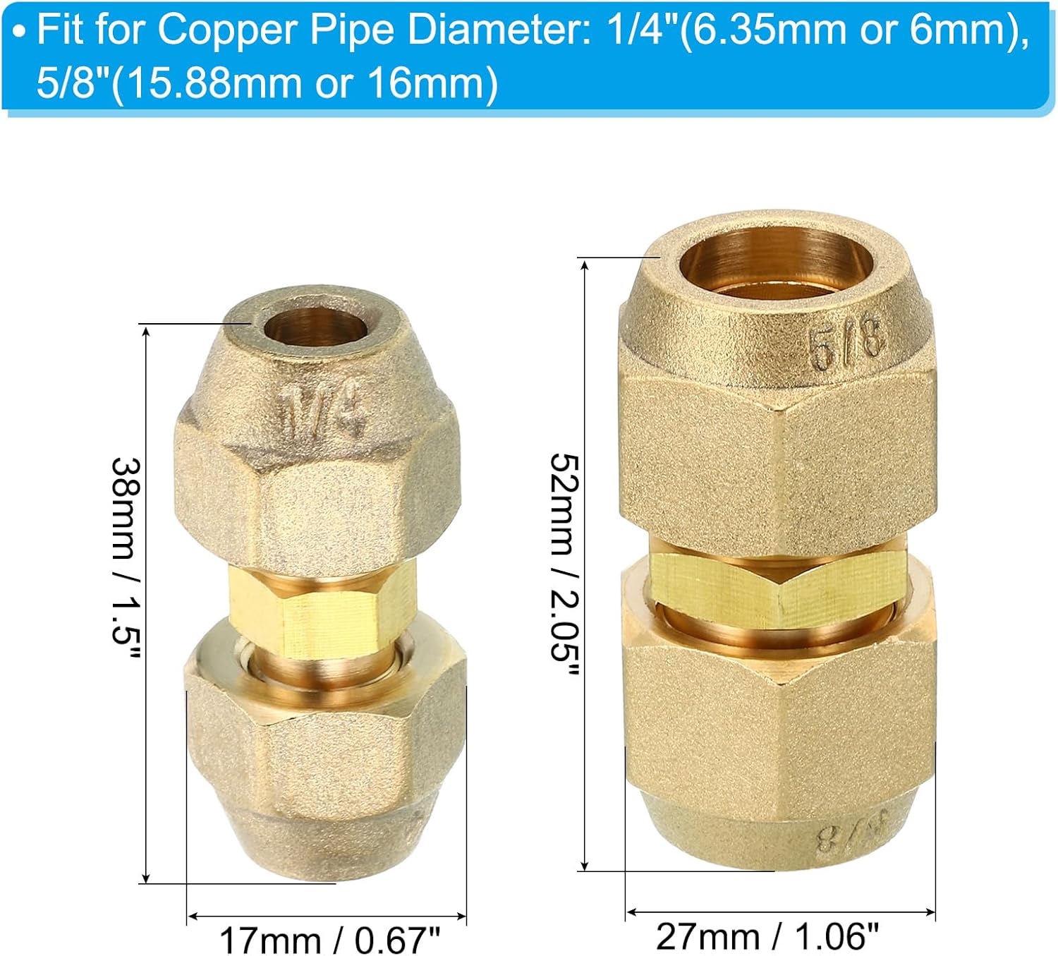 PATIKIL Pipe Extension Joint Connector Set, 2pcs Free Welding AC Copper Pipe Coupling Adapter with Flare Nuts for Copper Pipe Diameter 1/4" and 5/8" Refrigeration HVAC