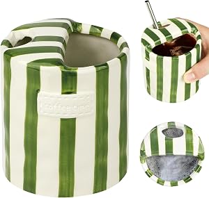 Novelty Ceramic Coffee Mug Designed to Look Like a Gift Box, 10oz Retro Hand-Painted Ceramic Travel Mug, Green & White Striped Design, Perfect Present for Coffee Lovers (Green, 1 Pack)