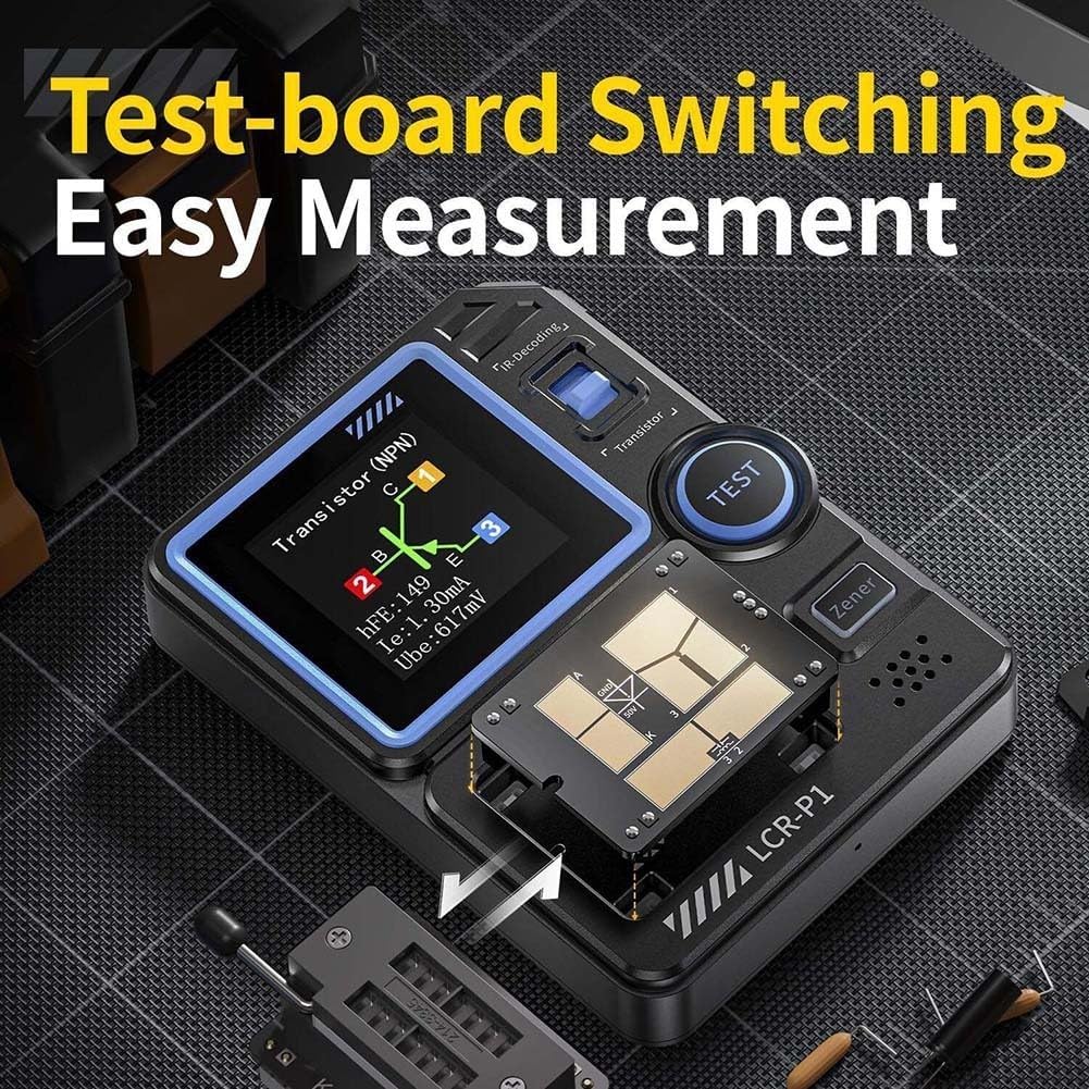 LCR-P1 Transistor Tester with 1.44" Screen, Diode Capacitance Resistance Meter NPN PNP MOSFET IGBT JFET, 300mAh Battery, Data Export via USB, Black