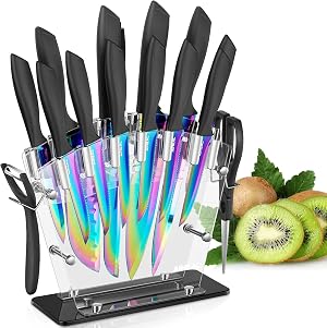 Aiheal Knife Set 16 Pieces High Carbon Stainless Steel Rainbow Color Kitchen Knife Set Titanium Coating Blade No