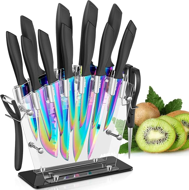 Aiheal Knife Set 16 Pieces High Carbon Stainless Steel Rainbow Color Kitchen Knife Set Titanium Coating Blade No