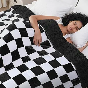 Weighted Blanket for Adults, 20lbs Sherpa Flannel Weighted Blanket Queen Size, Soft Fluffy Fleece Checkerboard Weighted Blankets for Calming and Relax, Plaid Black, 60" x 80"