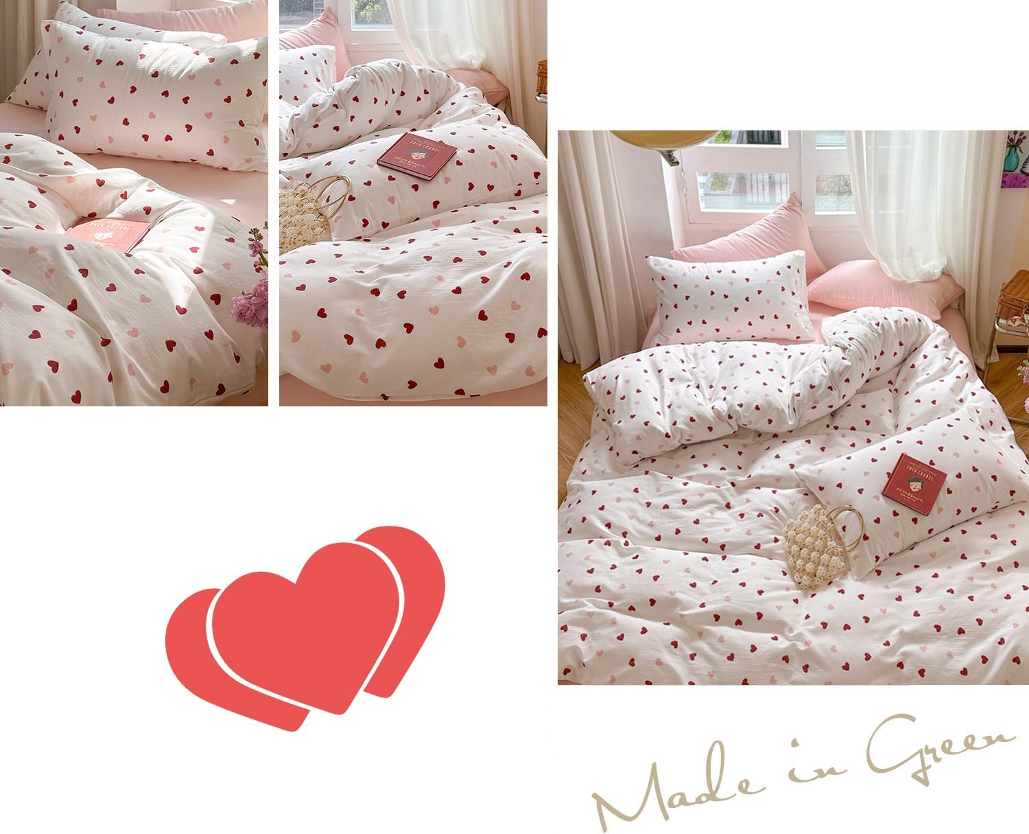 Girls Comforter Set Twin Size - 2 Pieces Red Pink Heart Comforter Bedding Sets for Kids,Twin Bed in a Bag with Heart Comforter and 1 Pillowcase