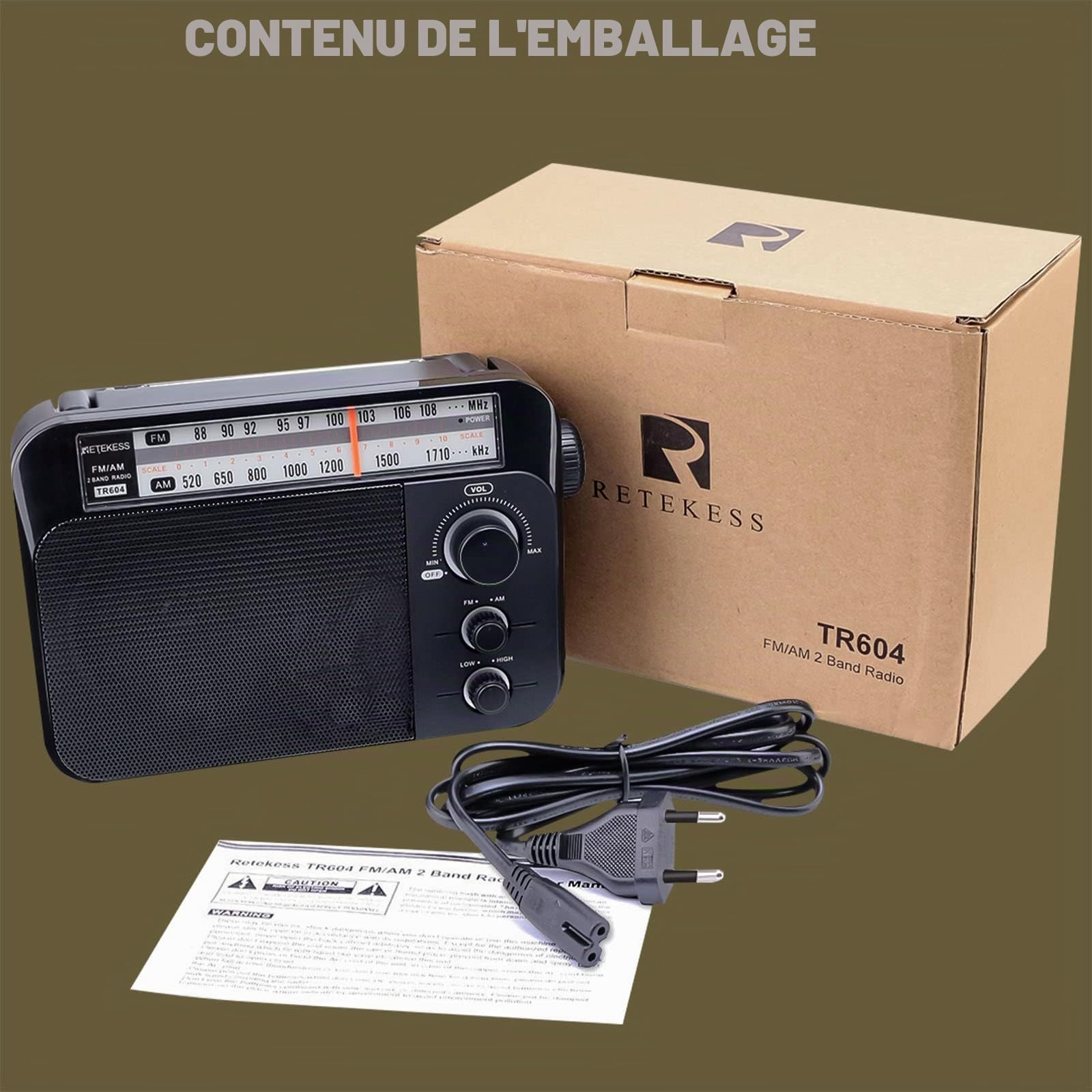 Retekess TR604 Radio Portable FM, Poste Radio Pile et Secteur, Excellente Réception Antenne, Transistor, Enceinte, Prise Casque, Grand écran,en Cadeau, pour Personnes Âgées
