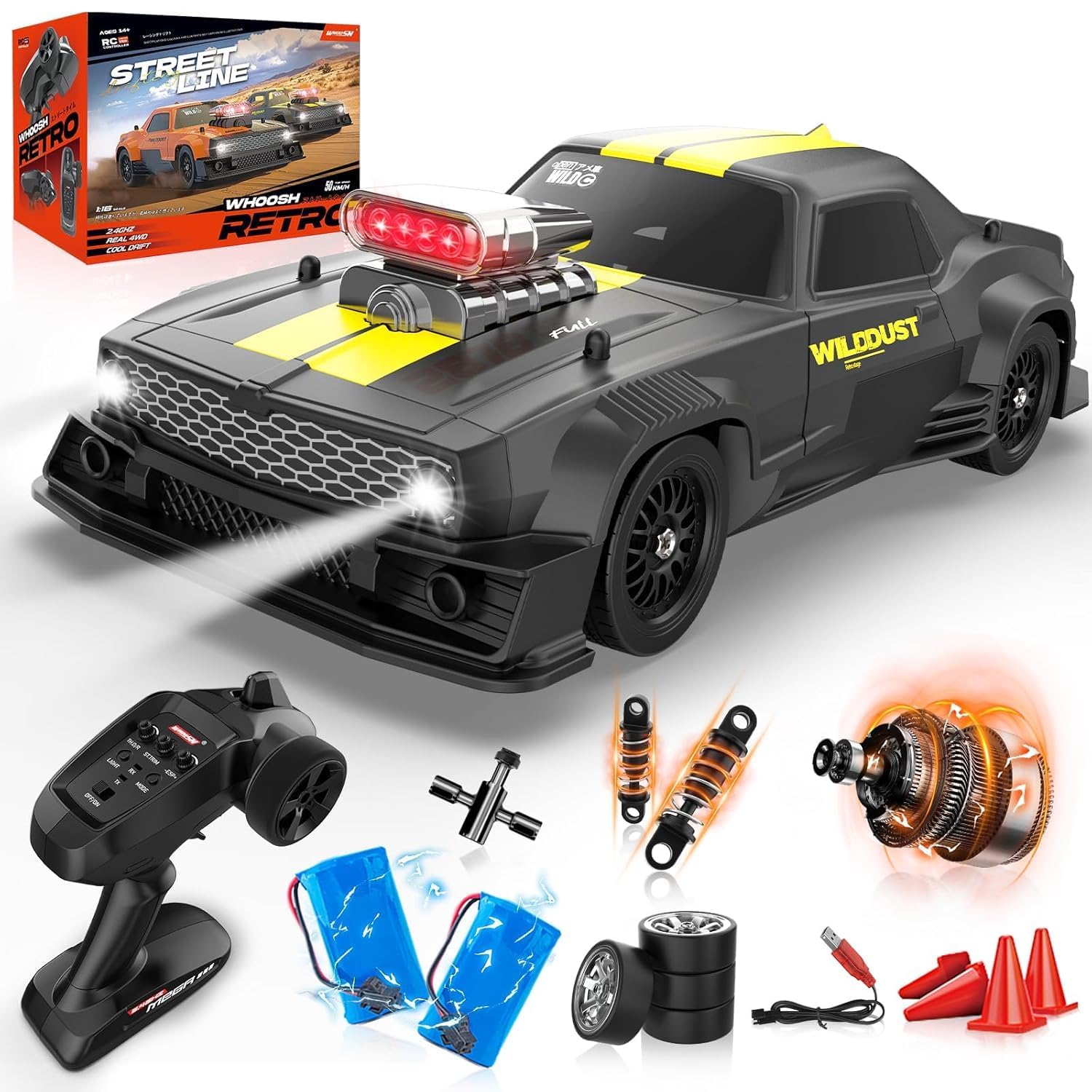 - Junona 1/16 RC Drift Car with Gyro Full Proportional 4WD 50KM/h High Speed Remote Control Cars, Drift Racing Vehicle with Lights and 2 Batteries, RTR RC Sport Race Cars for Adults and Kids Gift