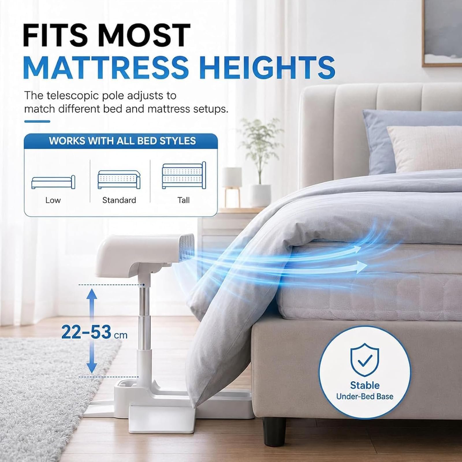 Ventilatore per Letto, Sistema Sotto le Lenzuola con Telecomando | 5 Velocità, Timer 1–6 Ore, Altezza 22–53 cm e Raffreddamento Silenzioso su un Lato per Chi Soffre il Caldo e Suda di Notte