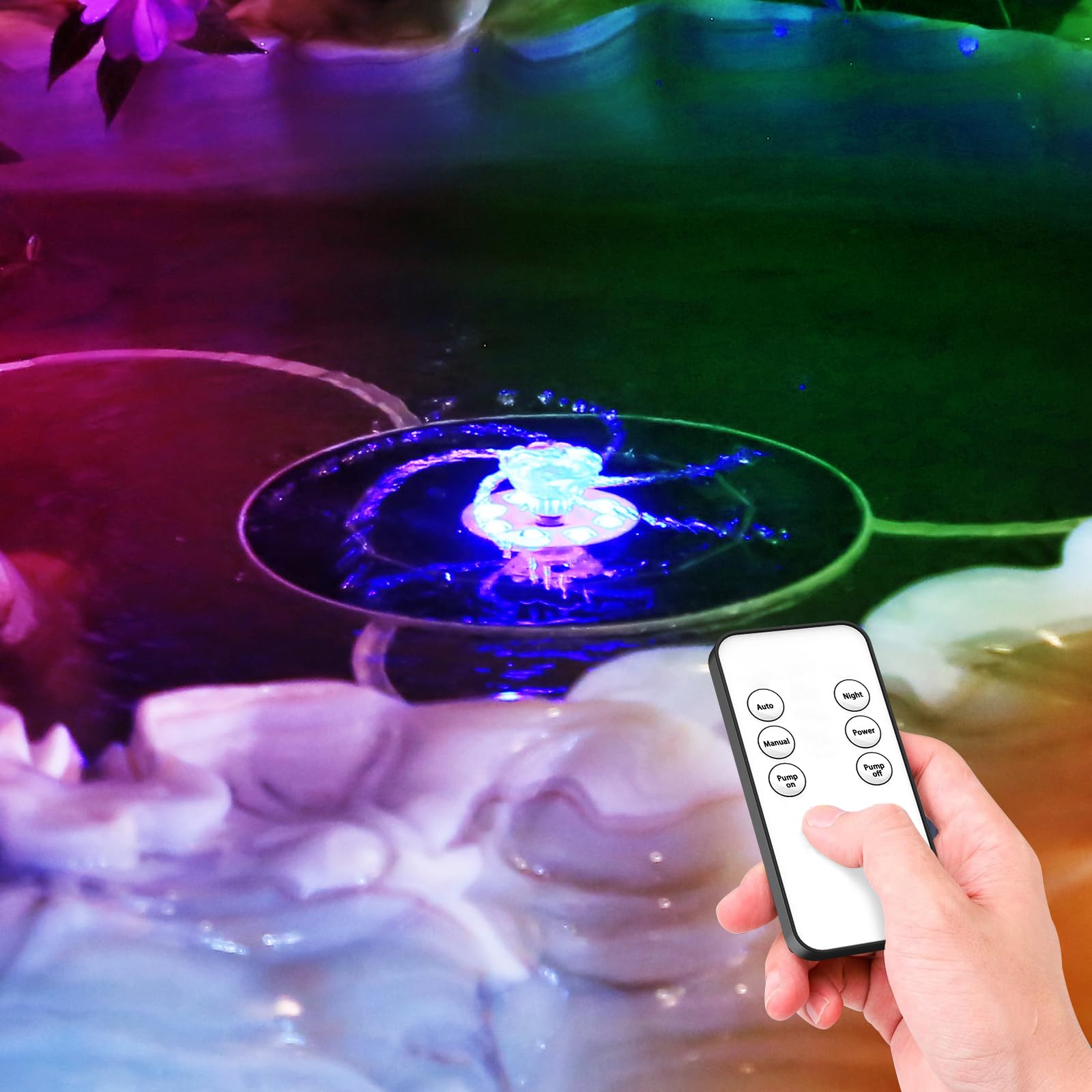 AISITIN 3,5W LED Solar Springbrunnen für Außen mit Fernbedienung, Buntes LED Solar Teichpumpe mit 3000 mAh Batterie, Solarbrunnen für Draussen mit 8 Fontänenstile Wasserpumpe für Garten,Vogelbad