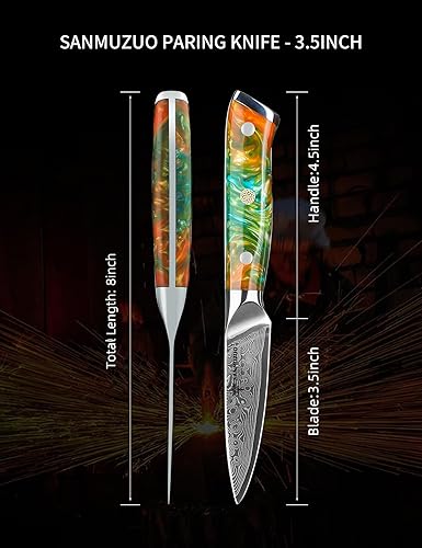 Miniatura 4 de SANMUZUO Cuchillo de pelar de 35 pulgadas cuchillo de cocina para frutas y verduras mango de acero de Damasco y resina - Serie Xuan naranja fantasía